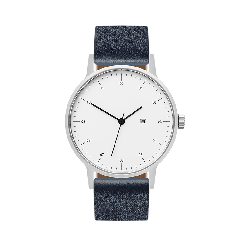 B30 Watch, Silver Case, White Dial, Calendar, Leather Strap - Navy