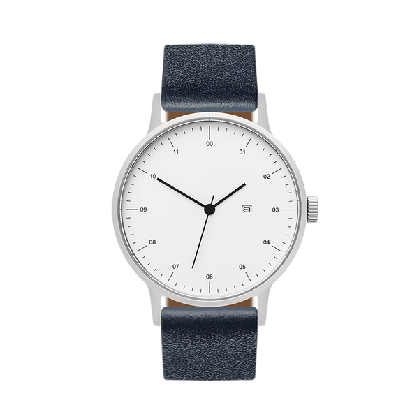 B30 Watch, Silver Case, White Dial, Calendar, Leather Strap - Navy