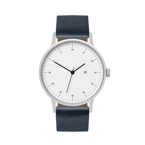 B30 Watch, Silver Case, White Dial, Calendar, Leather Strap - Navy