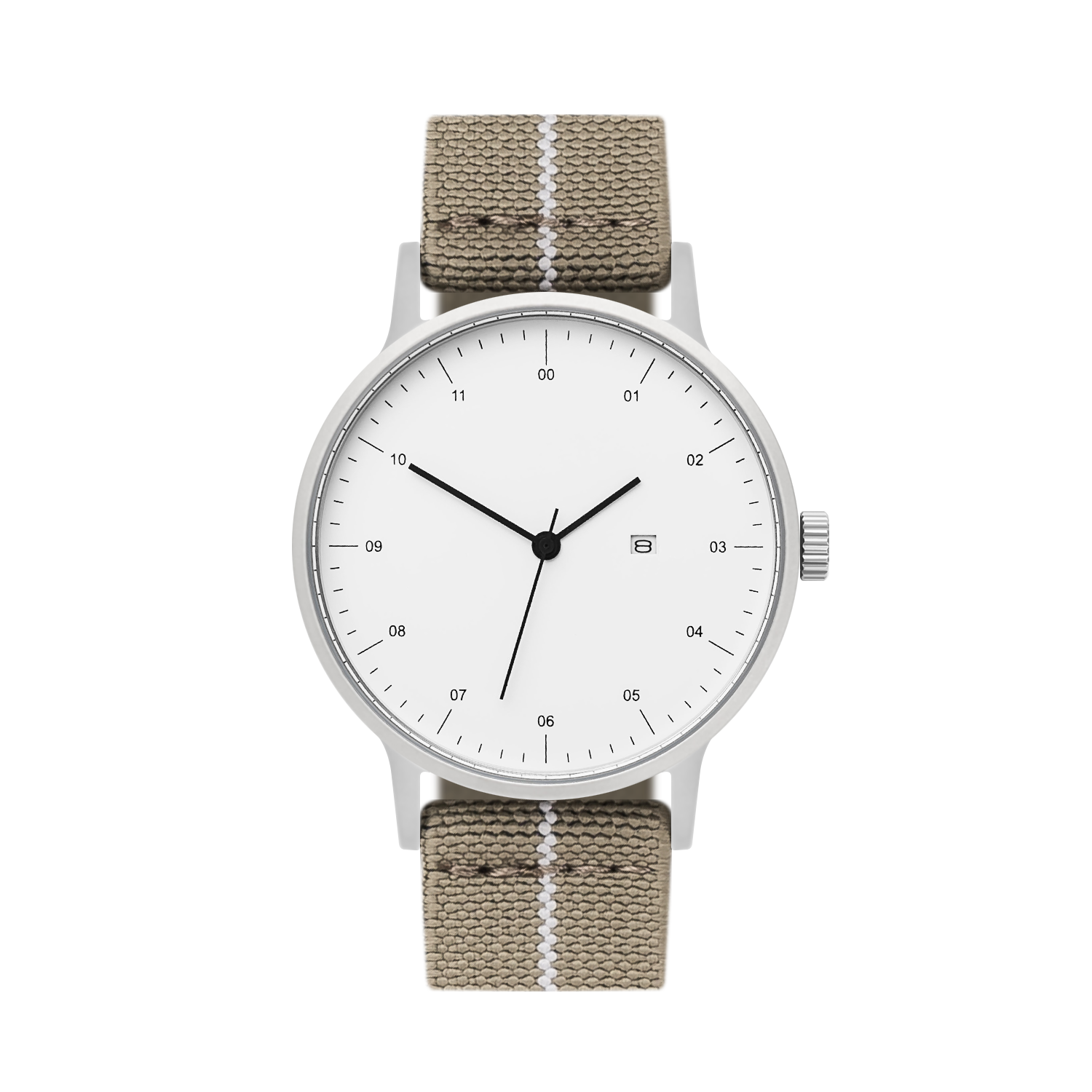 B30 Watch, Silver Case, White Dial, Calendar, Stretch Nylon straps - Khaki