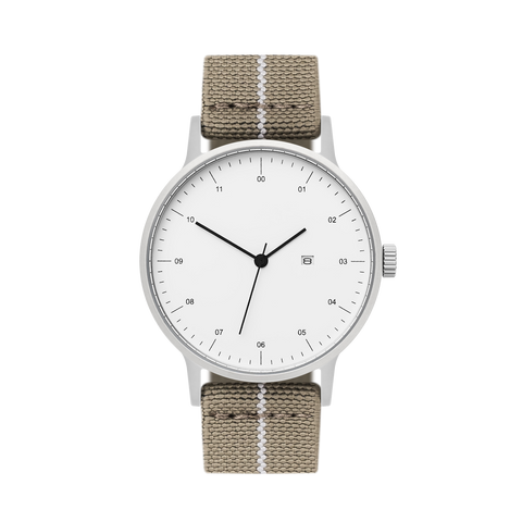 B30 Watch, Silver Case, White Dial, Calendar, Stretch Nylon straps - Khaki