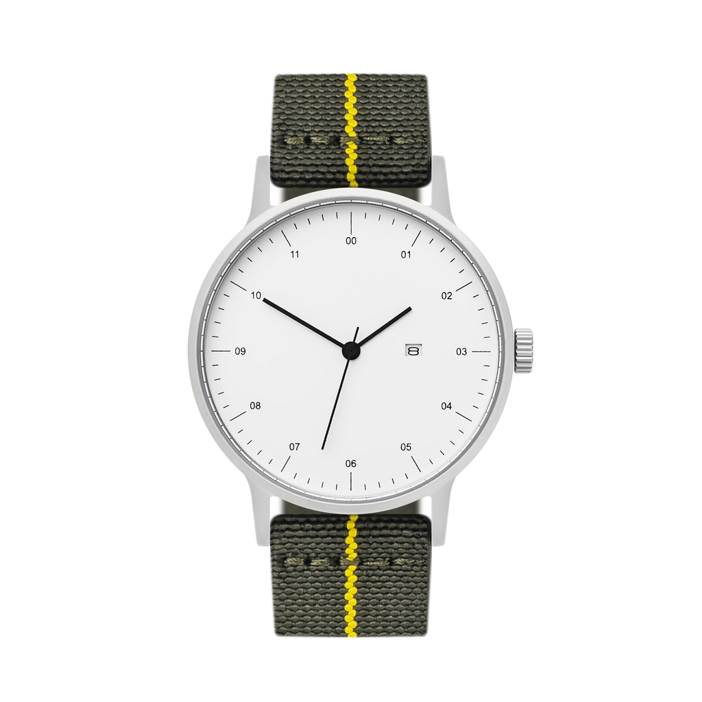 B30 Watch, Silver Case, White Dial, Calendar, Stretch Nylon straps - Green