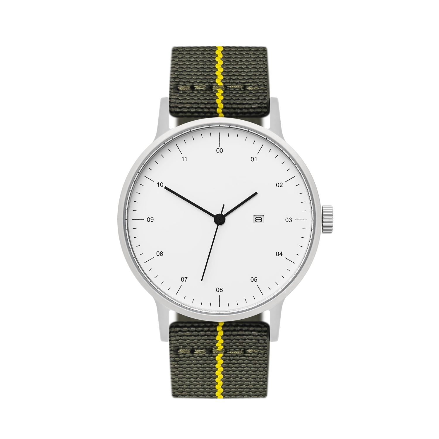 B30 Watch, Silver Case, White Dial, Calendar, Stretch Nylon straps - Green