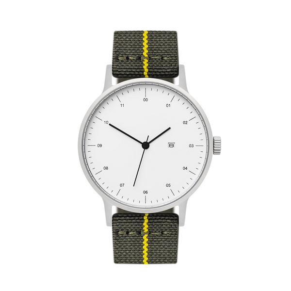 B30 Watch, Silver Case, White Dial, Calendar, Stretch Nylon straps - Green
