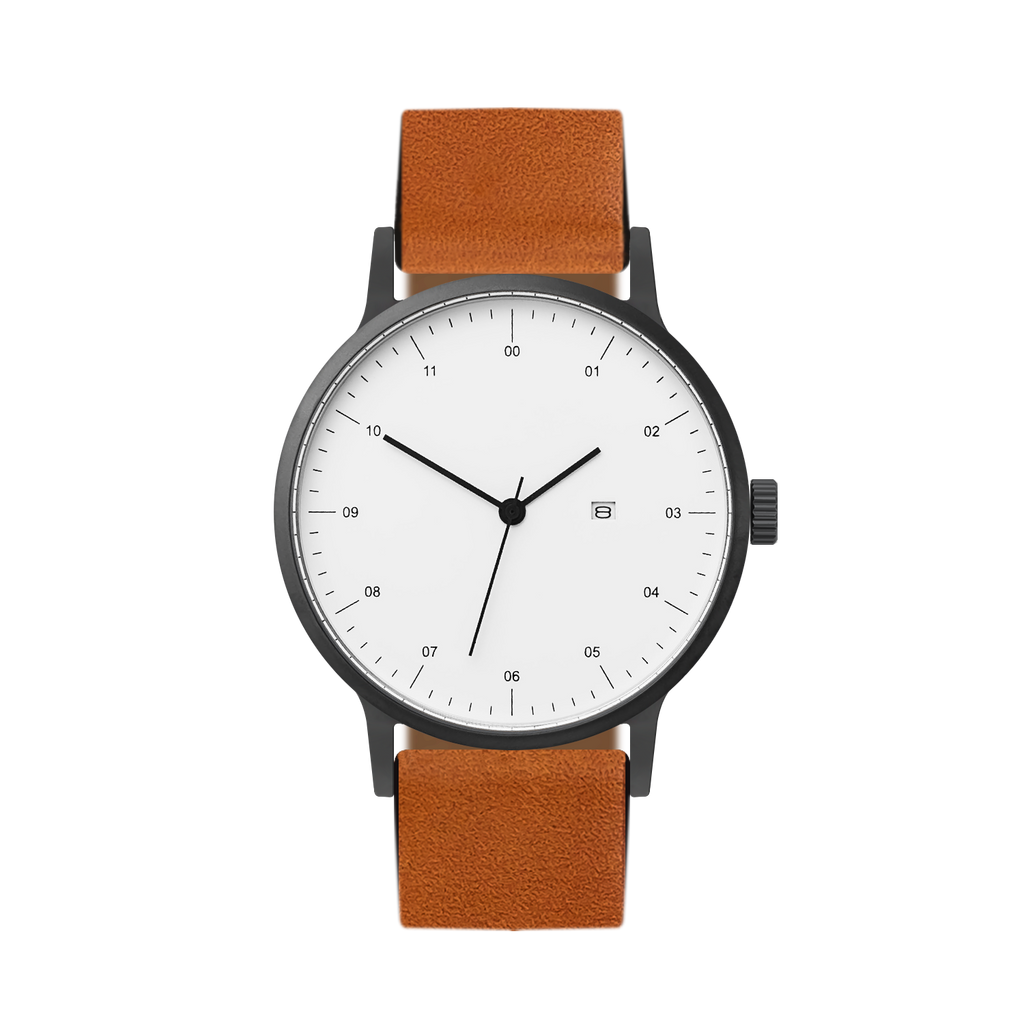 B30 Watch, Gunmetal Case, White Dial, Calendar, Leather Strap - Tan