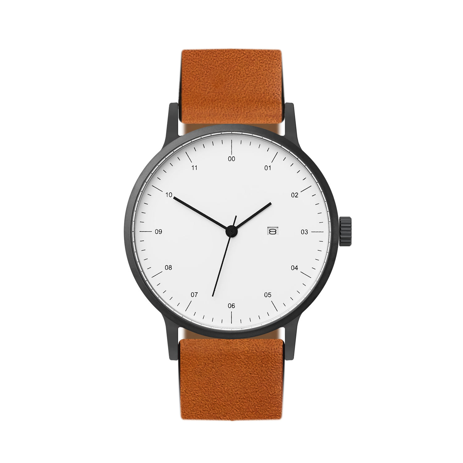 B30 Watch, Gunmetal Case, White Dial, Calendar, Leather Strap - Tan