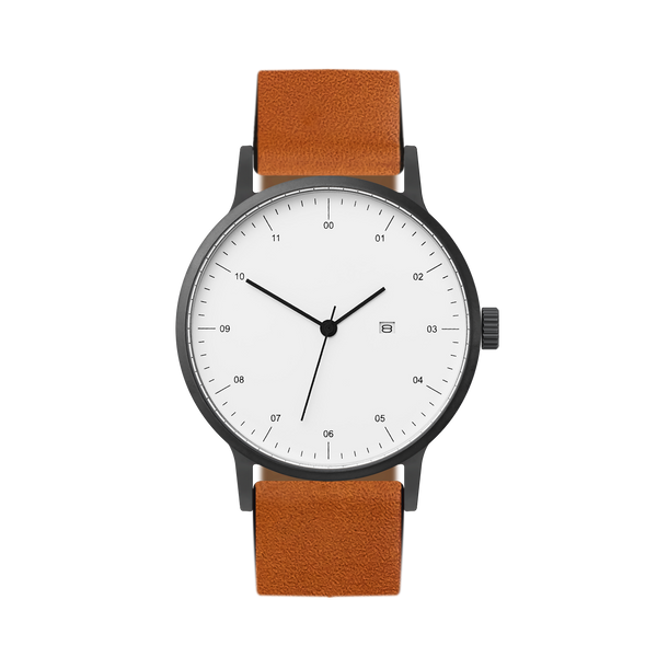 B30 Watch, Gunmetal Case, White Dial, Calendar, Leather Strap - Tan