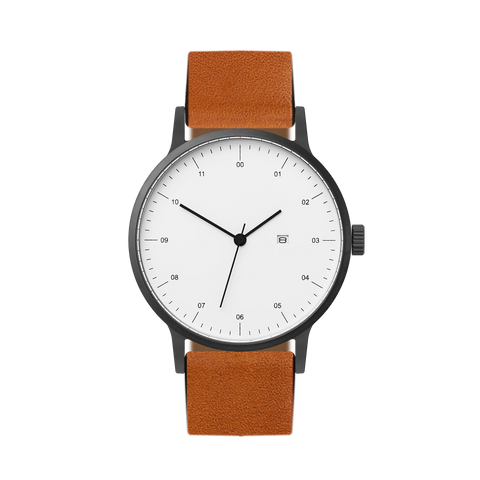 B30 Watch, Gunmetal Case, White Dial, Calendar, Leather Strap - Tan