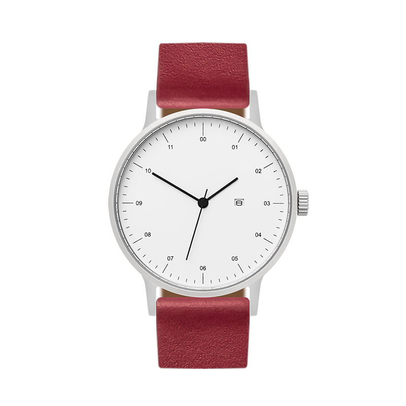 B30 Watch, Silver Case, White Dial, Calendar, Leather Strap - Red