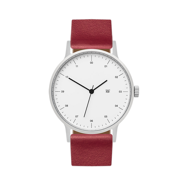 B30 Watch, Silver Case, White Dial, Calendar, Leather Strap - Red