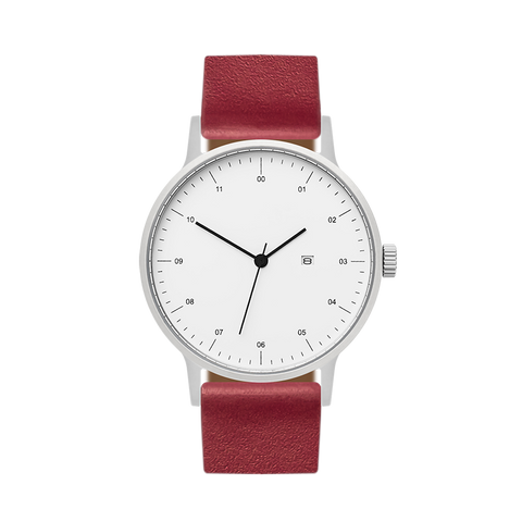 B30 Watch, Silver Case, White Dial, Calendar, Leather Strap - Red