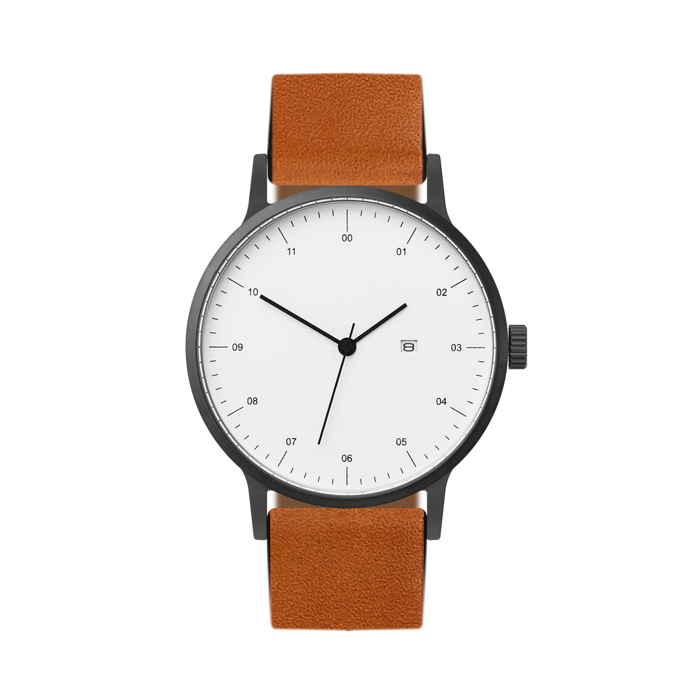 B30 Watch, Gunmetal Case, White Dial, Calendar, Leather Strap