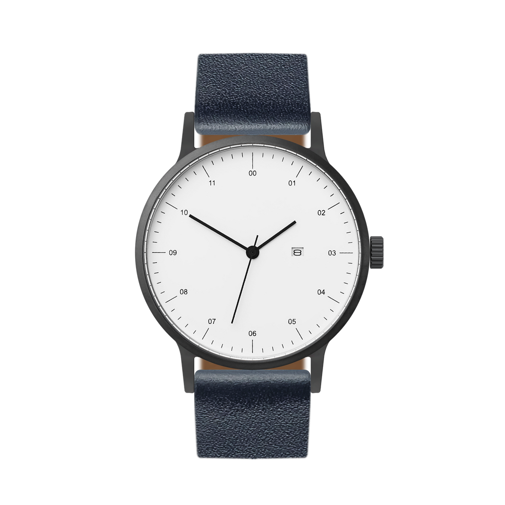 B30 Watch, Gunmetal Case, White Dial, Calendar, Leather Strap - Navy