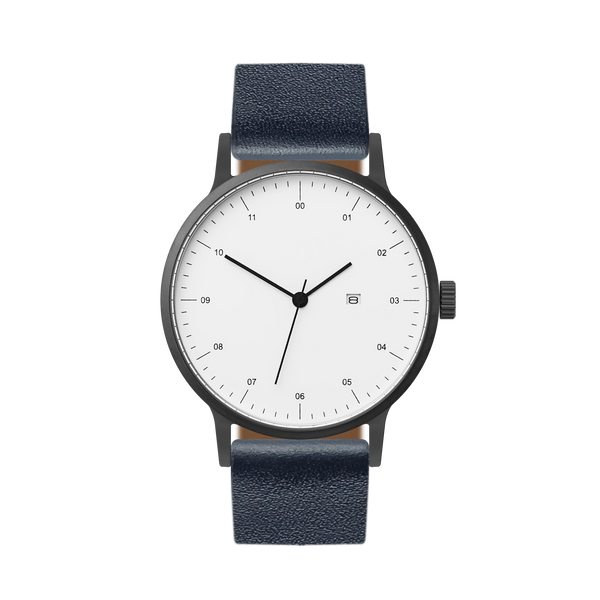 B30 Watch, Gunmetal Case, White Dial, Calendar, Leather Strap - Navy