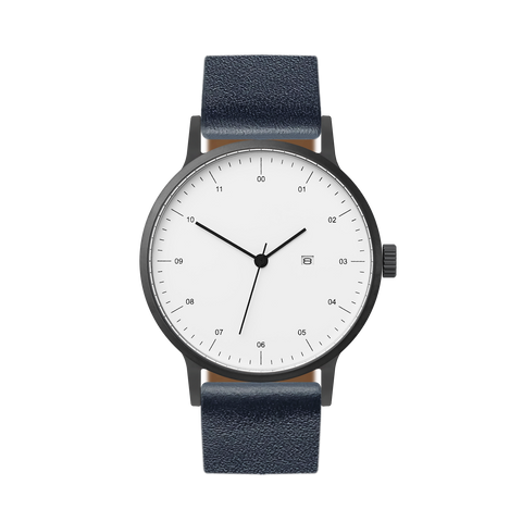 B30 Watch, Gunmetal Case, White Dial, Calendar, Leather Strap - Navy