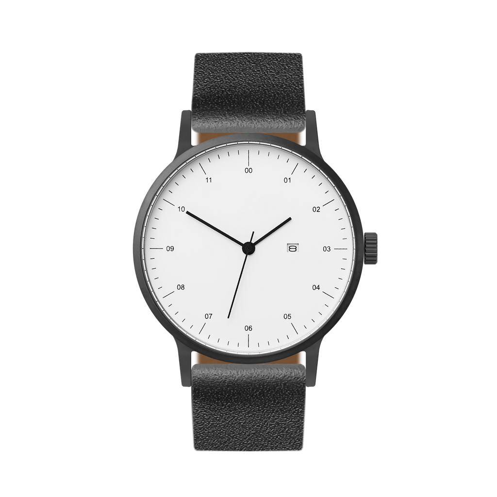 B30 Watch, Gunmetal Case, White Dial, Calendar, Leather Strap - Black