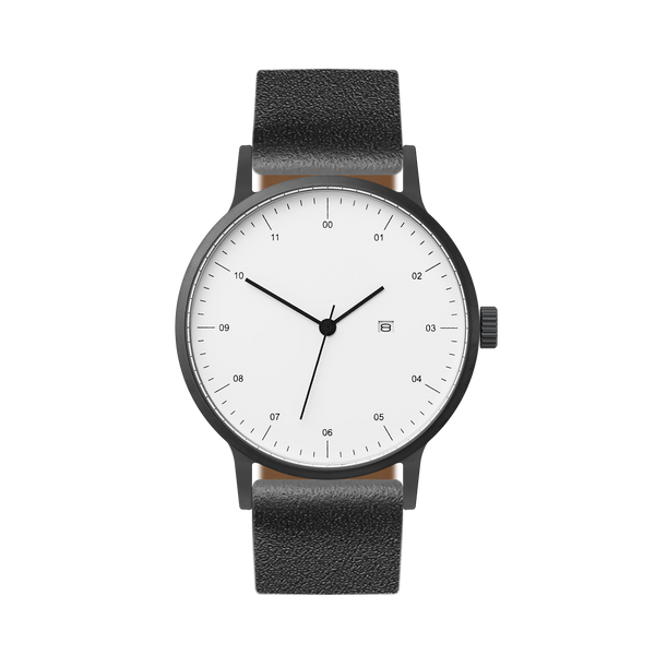 B30 Watch, Gunmetal Case, White Dial, Calendar, Leather Strap - Black