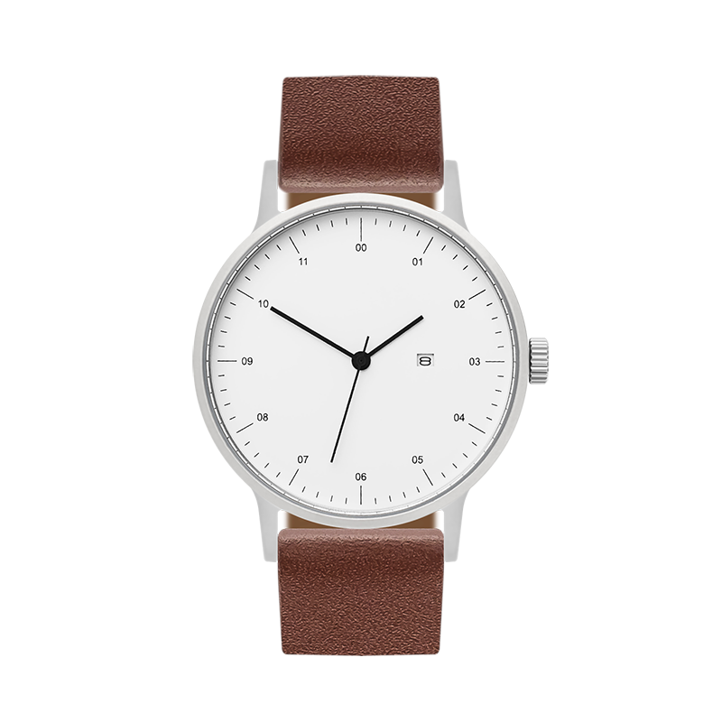 B30 Watch, Silver Case, White Dial, Calendar, Leather Strap - Coffee