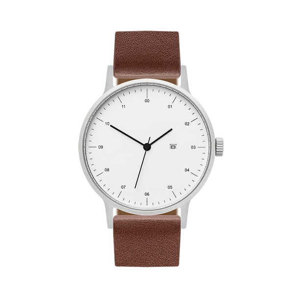 B30 Watch, Silver Case, White Dial, Calendar, Leather Strap - Coffee