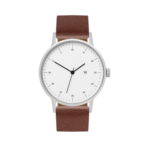 B30 Watch, Silver Case, White Dial, Calendar, Leather Strap - Coffee