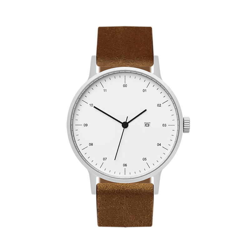 B30 Watch, Silver Case, White Dial, Calendar, Leather Strap - Brown Suede