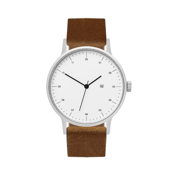 B30 Watch, Silver Case, White Dial, Calendar, Leather Strap - Brown Suede