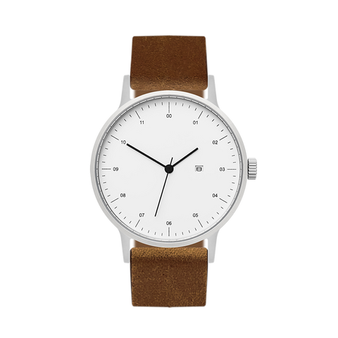B30 Watch, Silver Case, White Dial, Calendar, Leather Strap - Brown Suede