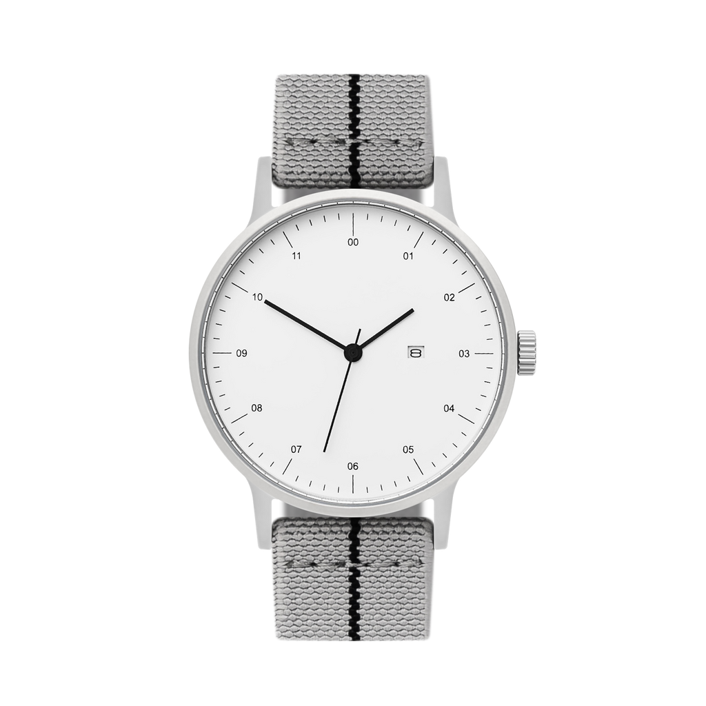 B30 Watch, Silver Case, White Dial, Calendar, Stretch Nylon straps - Gray