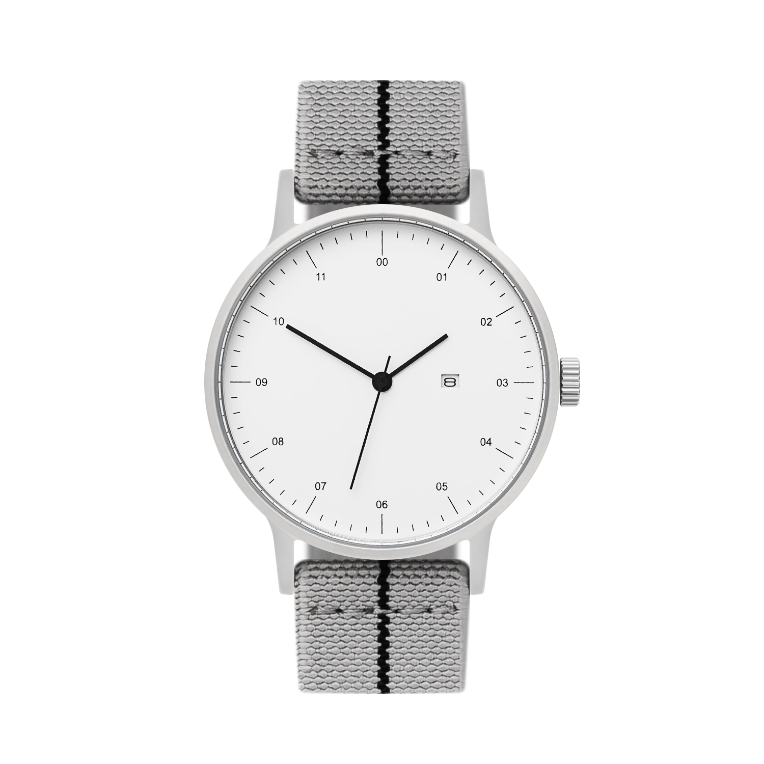 B30 Watch, Silver Case, White Dial, Calendar, Stretch Nylon straps - Gray