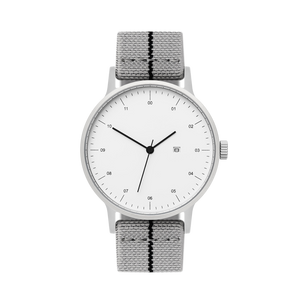 B30 Watch, Silver Case, White Dial, Calendar, Stretch Nylon straps - Gray