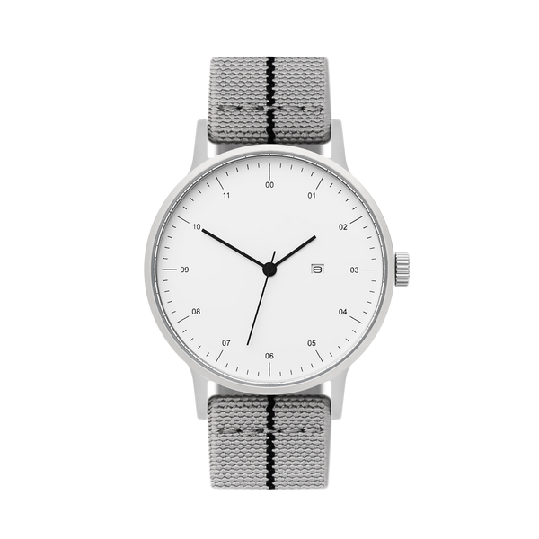 B30 Watch, Silver Case, White Dial, Calendar, Stretch Nylon straps - Gray