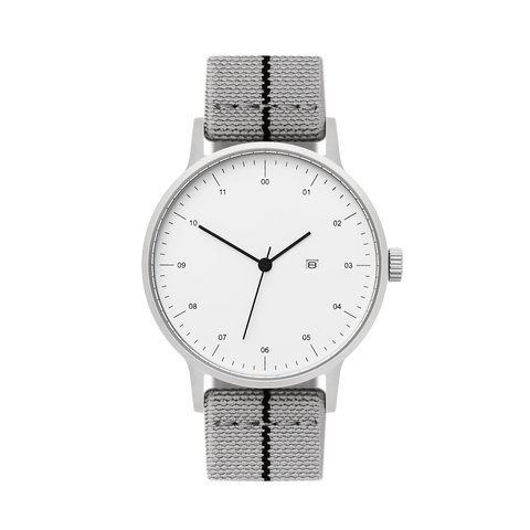 B30 Watch, Silver Case, White Dial, Calendar, Stretch Nylon straps - Gray