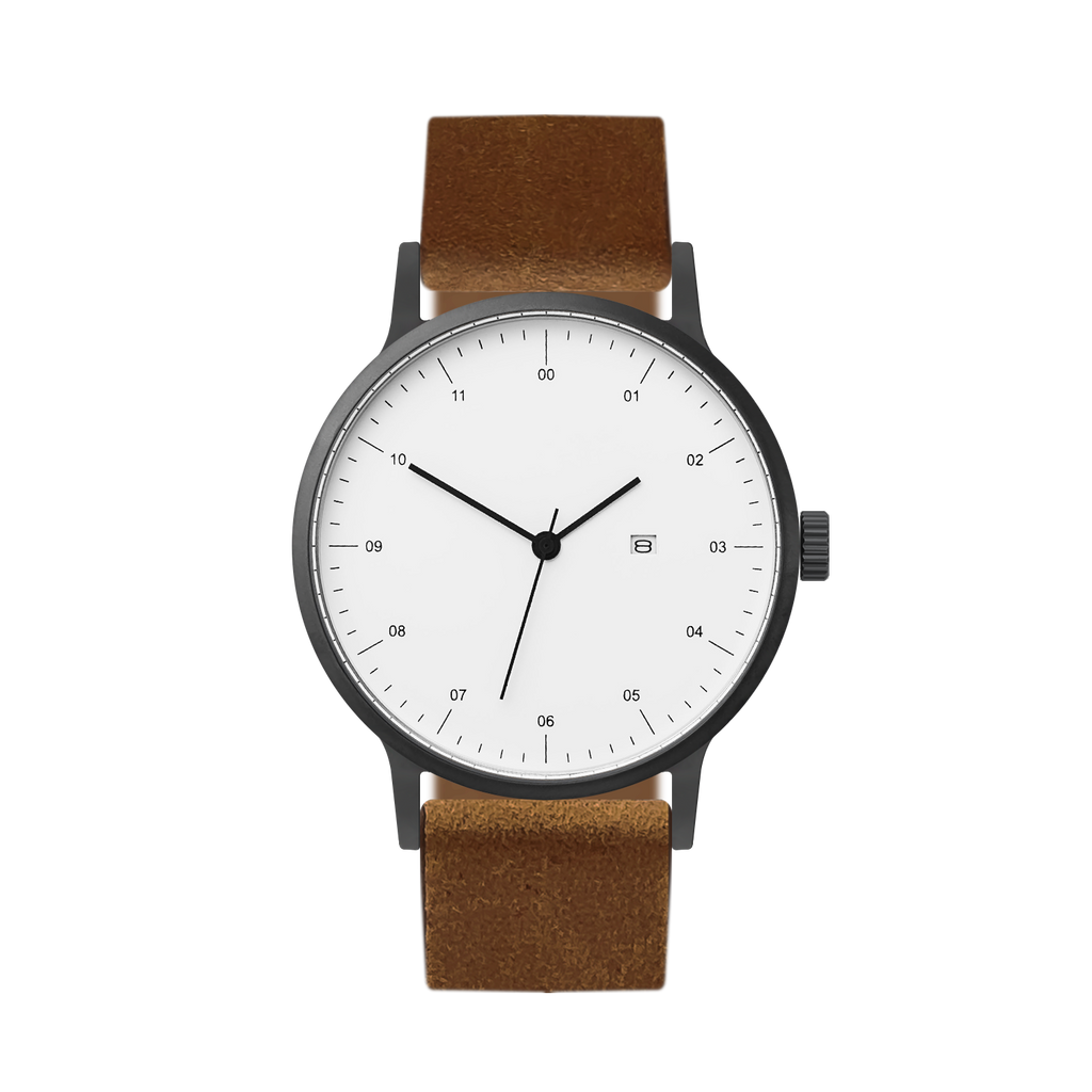 B30 Watch, Gunmetal Case, White Dial, Calendar, Leather Strap - Brown Suede