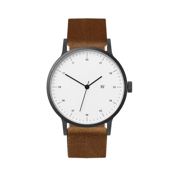 B30 Watch, Gunmetal Case, White Dial, Calendar, Leather Strap - Brown Suede