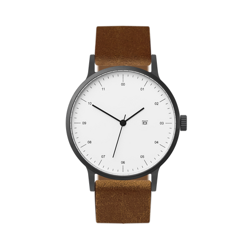 B30 Watch, Gunmetal Case, White Dial, Calendar, Leather Strap - Brown Suede