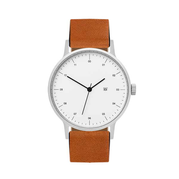 B30 Watch, Silver Case, White Dial, Calendar, Leather Strap - Tan