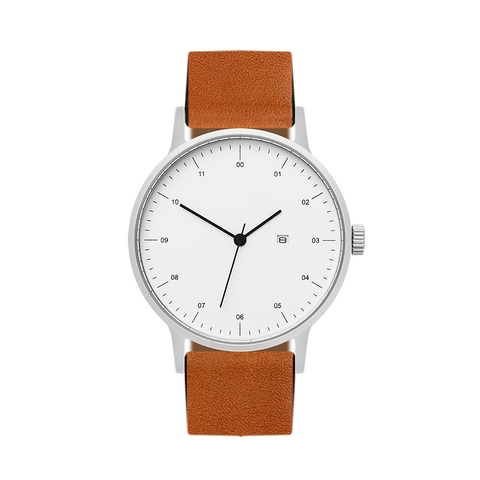 B30 Watch, Silver Case, White Dial, Calendar, Leather Strap - Tan