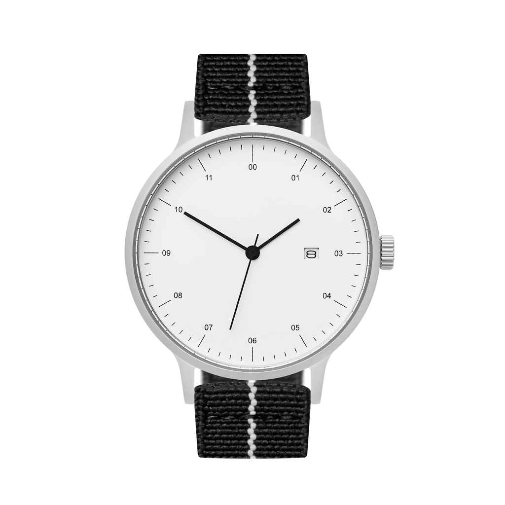 B30 Watch, Silver Case, White Dial, Calendar, Stretch Nylon straps - Black
