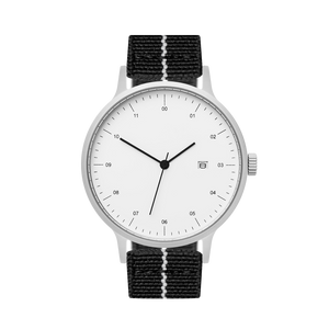 B30 Watch, Silver Case, White Dial, Calendar, Stretch Nylon straps - Black