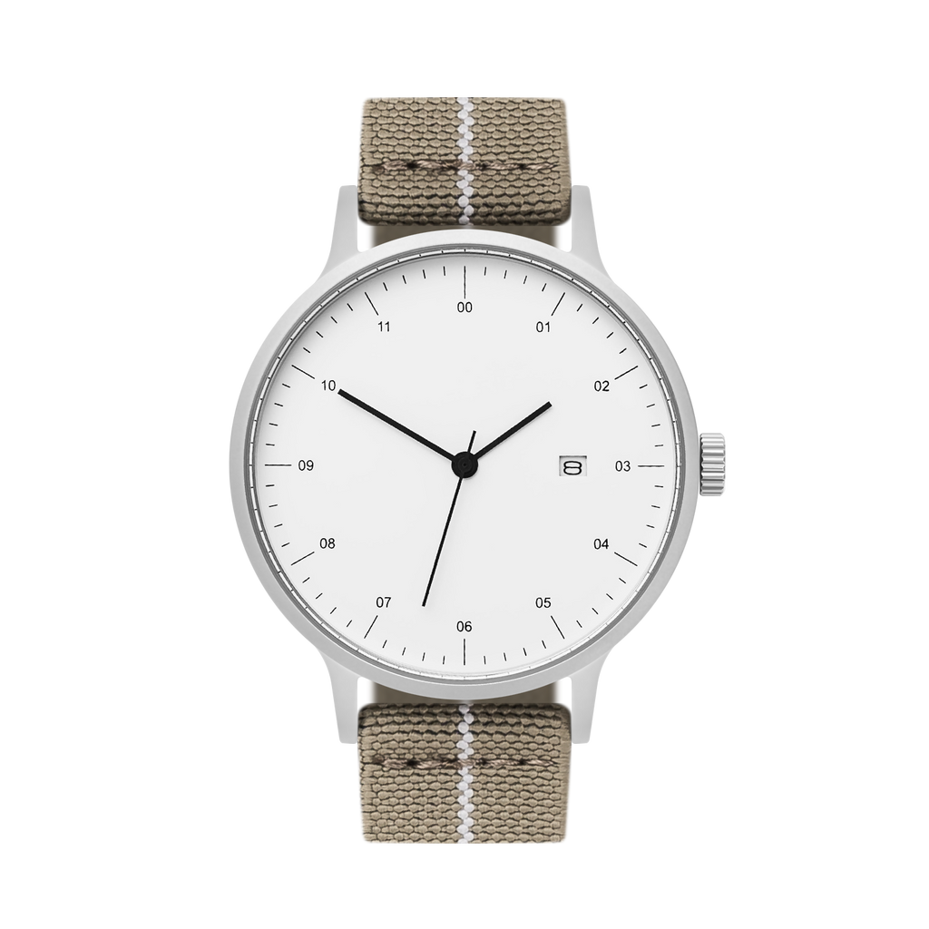 B30 Watch, Silver Case, White Dial, Calendar, Stretch Nylon straps - Khaki
