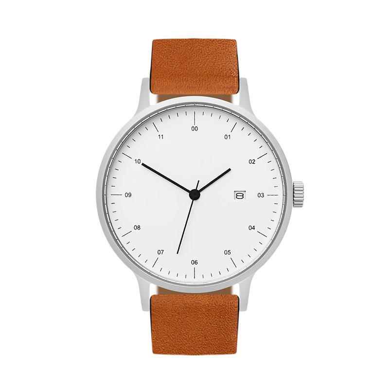 B30 Watch, Silver Case, White Dial, Calendar, Leather Strap - Tan