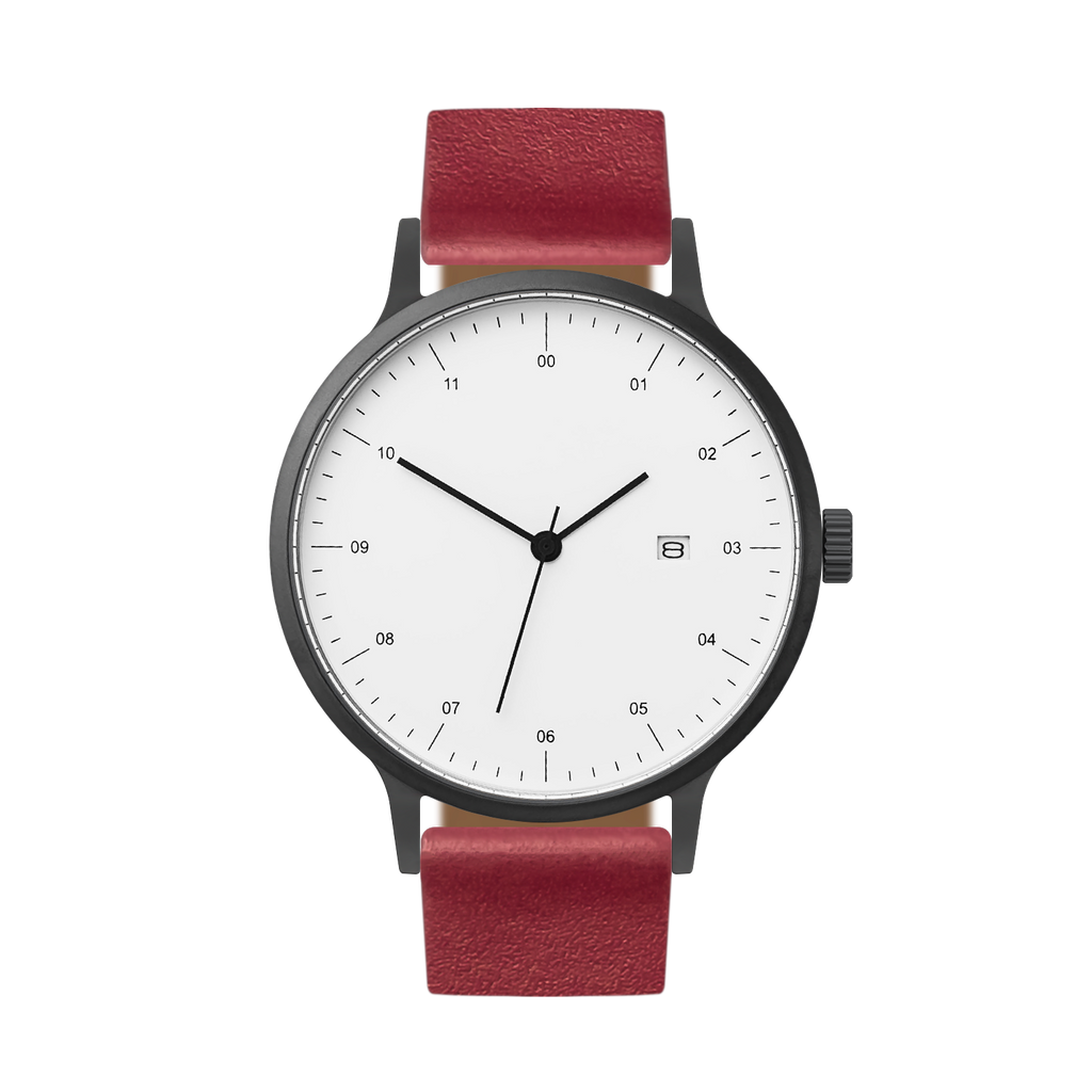 B30 Watch, Gunmetal Case, White Dial, Calendar, Leather Strap - Red