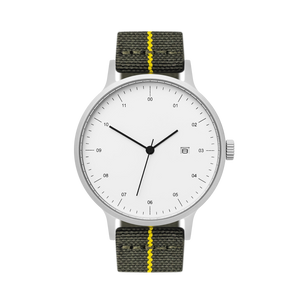 B30 Watch, Silver Case, White Dial, Calendar, Stretch Nylon Strap