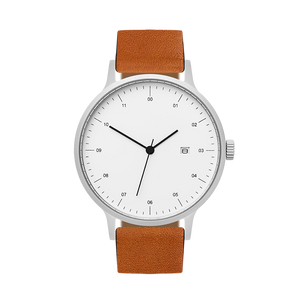 B30 Watch, silver case, tan leather strap
