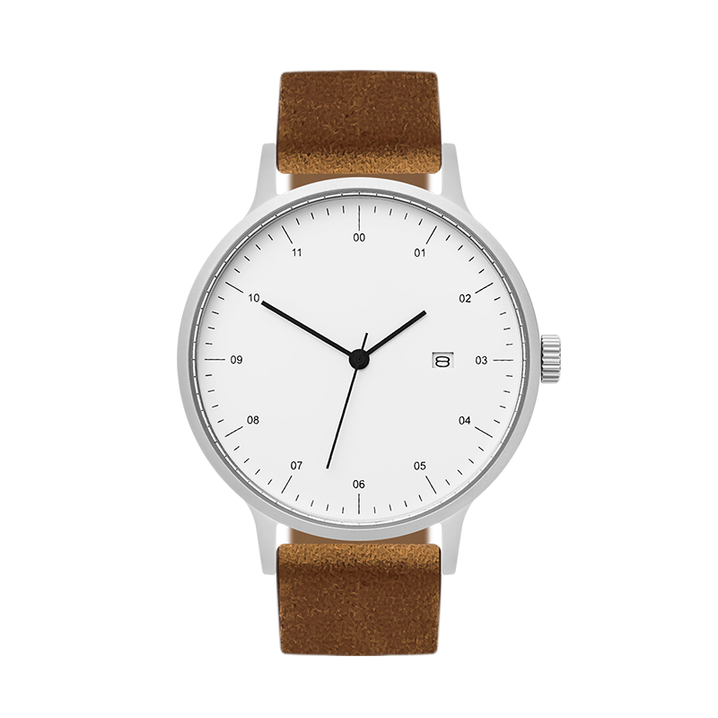 B30 Watch, Silver Case, White Dial, Calendar, Leather Strap - Brown Suede