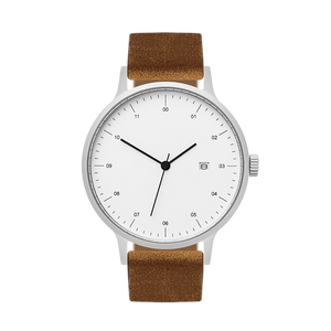 B30 Watch, silver case, brown suede leather strap