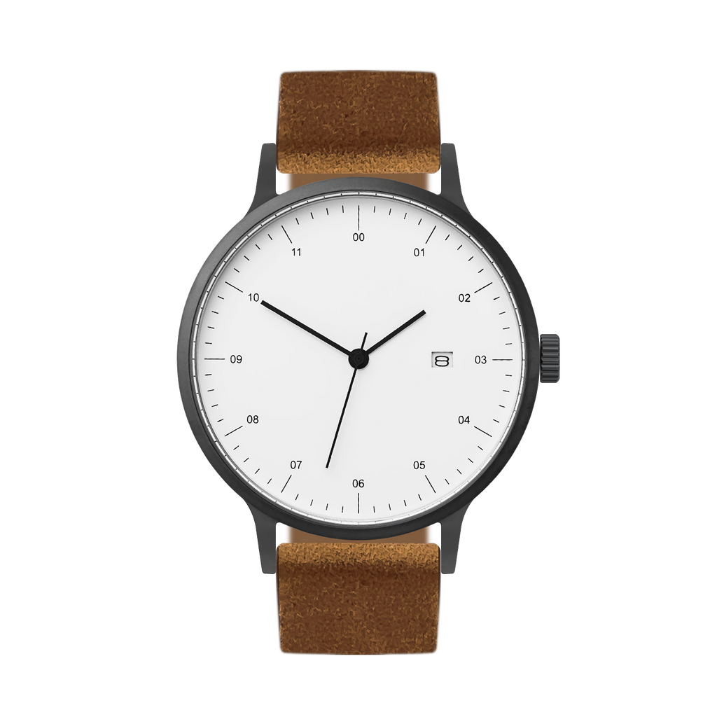B30 Watch, Gunmetal Case, White Dial, Calendar, Leather Strap - Brown Suede