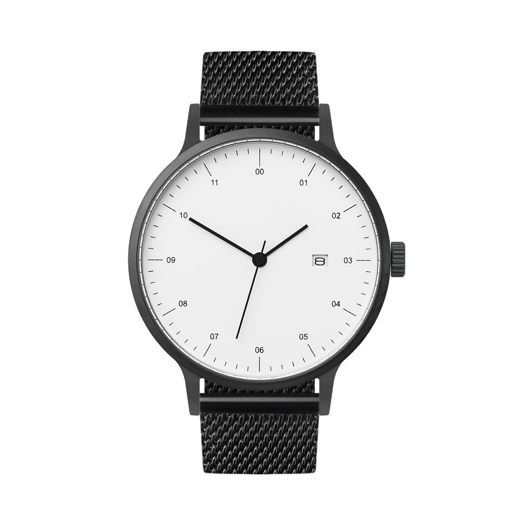 B30 Watch, Gunmetal Case, White Dial, Calendar, Black Stainless Steel Mesh Strap