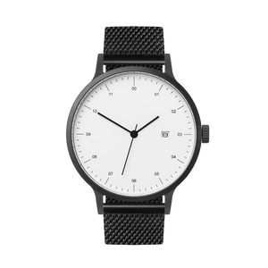 B30 Watch, Gunmetal Case, White Dial, Calendar, Black Stainless Steel Mesh Strap