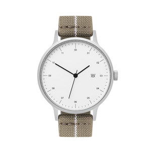 B30 Watch, Silver Case, White Dial, Calendar, Stretch Nylon Strap